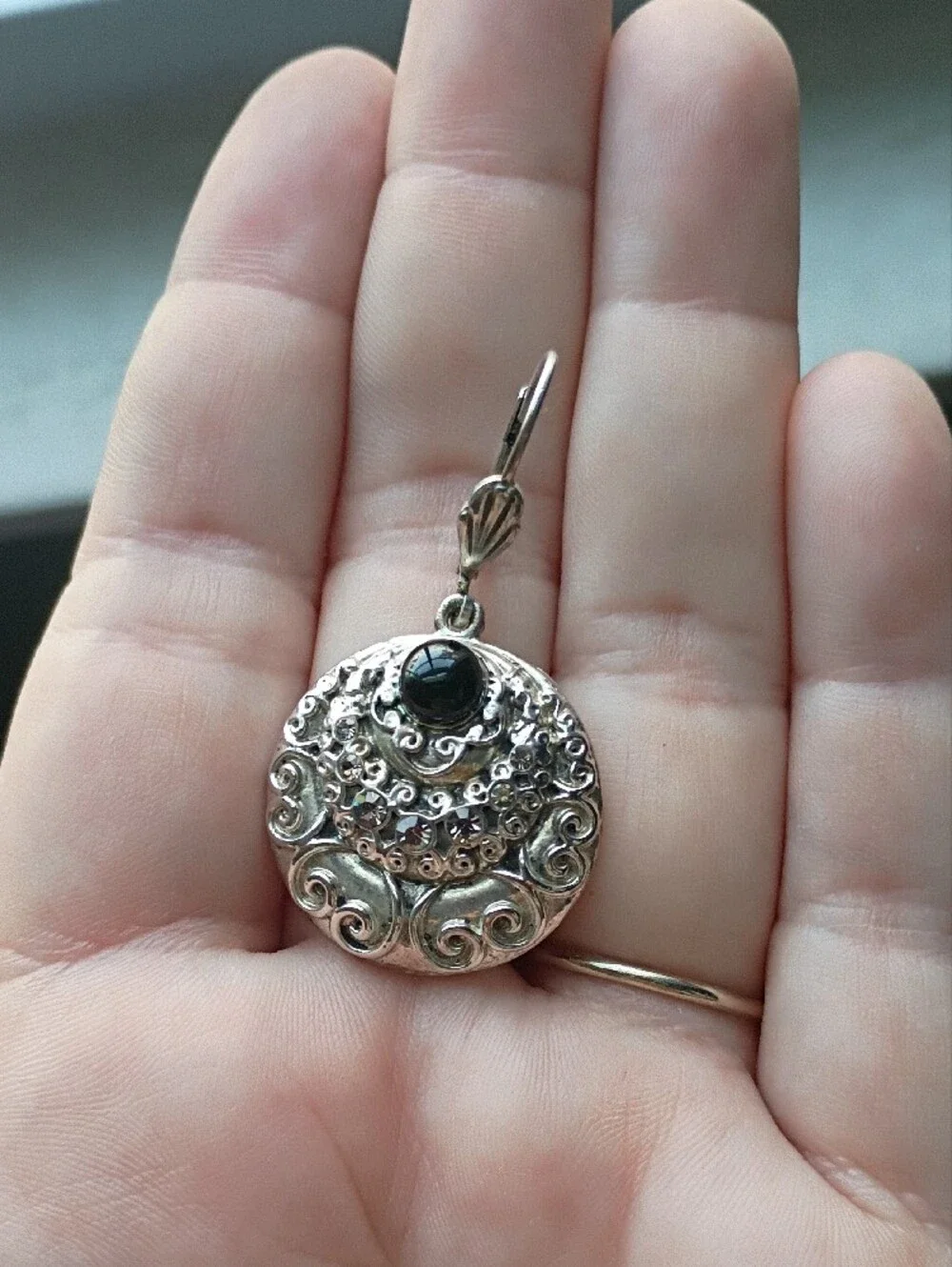 Silver Filigree Drop Earrings with Black Stone